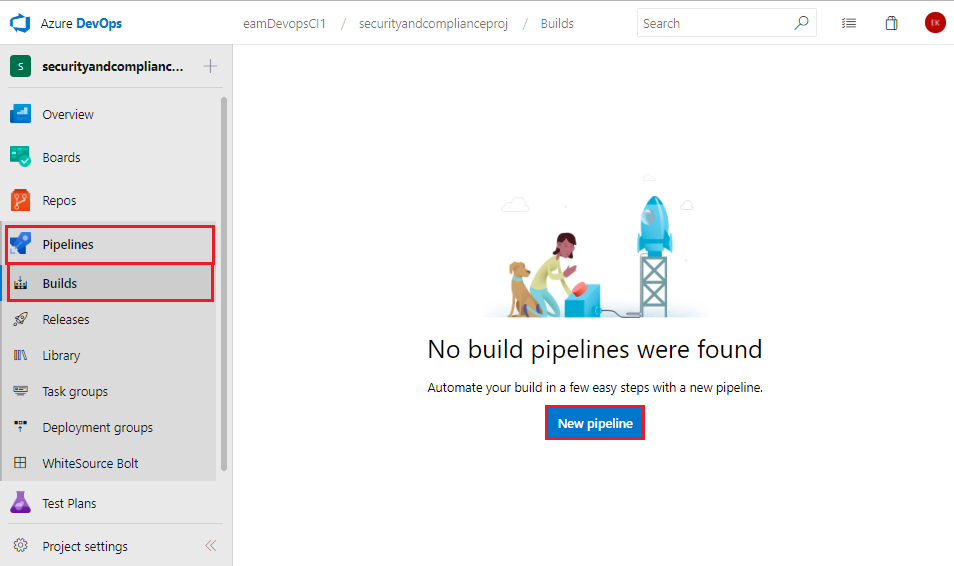 Screenshot of the Pipelines build with the New pipeline button highlighted